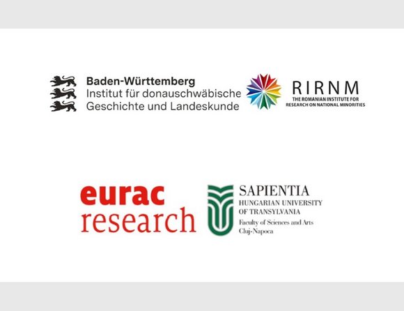 Vier Logos der beteiligten Institutionen: Institut für donauschwäbische Geschichte und Landeskunde, The Romanian Institute for research on national minorities, Eurac Research und Sapientia, Hungarian University of Transylvania.