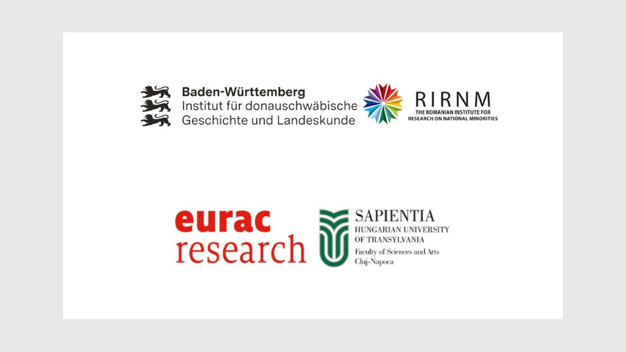 Vier Logos der beteiligten Institutionen: Institut für donauschwäbische Geschichte und Landeskunde, The Romanian Institute for research on national minorities, Eurac Research und Sapientia, Hungarian University of Transylvania.