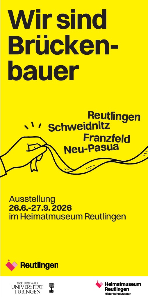 Plakat der Ausstellung "Wir sind Brückenbauer": gelber Hintergrund mit Titel und Ausstellungsdaten