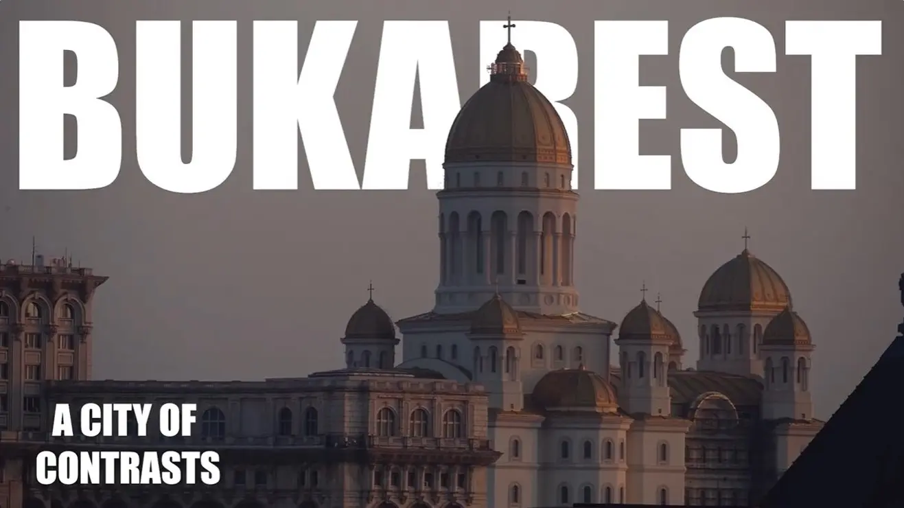The photo shows the movie poster for the film: Bucharest. A city of contrasts.