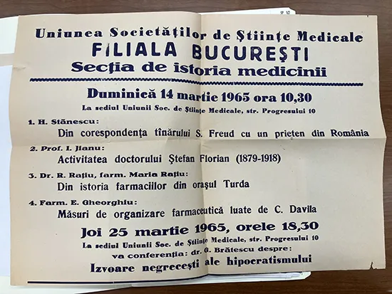 Das Bild zeigt das Werbeplakat einer Veranstaltung am 14. März 1965 in Bukarest, die auch einen Vortrag über die Korrespondenz zwischen Freud und Silberstein enthielt
