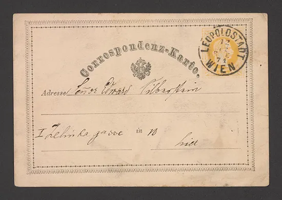 Das Bild zeigt eine Korrespondenzkarte, von Sigmund Freud an Eduard Silberstein addressiert