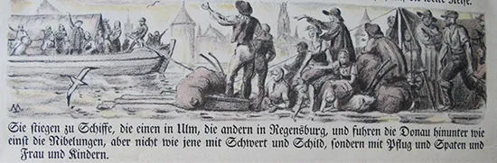 Das Bild zeigt Auswanderer, die vor einem Schiff warten. Darunter der Text: Sie stiegen zu Schiffe, die einen in Ulm, die andern in Regensburg, und fuhren die Donau hinunter wie einst die Nibelungen, aber nicht wie jene mit Schwert und Schild, sondern mit Pflug und Spaten und Kind