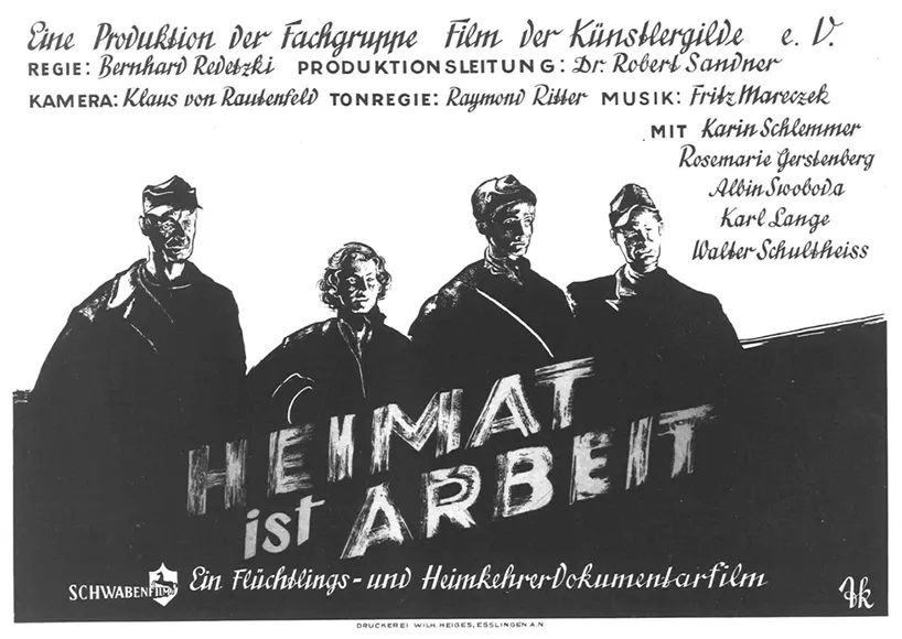 Das Bild zeigt das Plakat zum Film "Heimat ist Arbeit". Zu sehen ist eine Zeichnung von 4 Personen. Zusätzlich ist der Titel des Films sowie die beteiligten Personen aufgeführt.