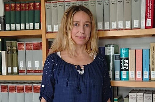 Mrs. Spiridon is standing in front of a bookshelf