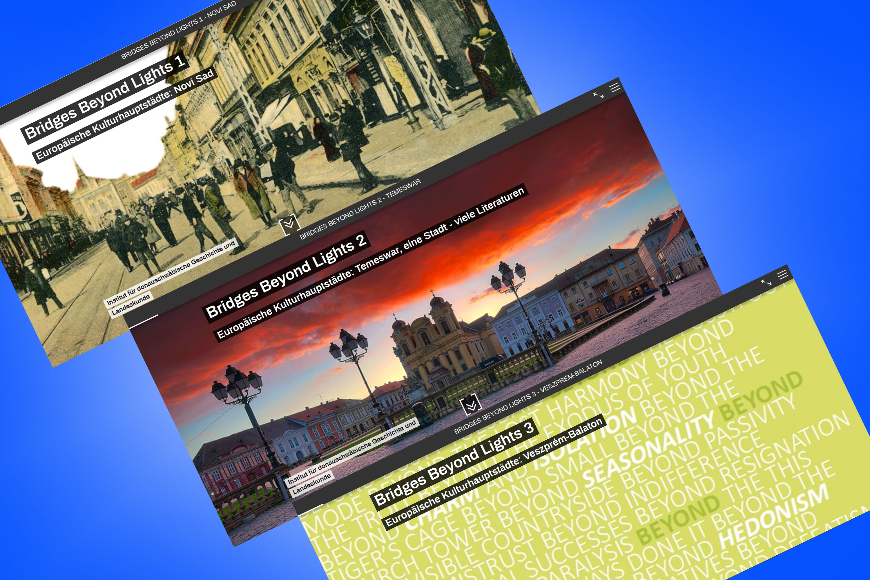 Das Bild zeigt eine Collage aus den Titelbildern der Ausstellungen "Bridges beyond lights"