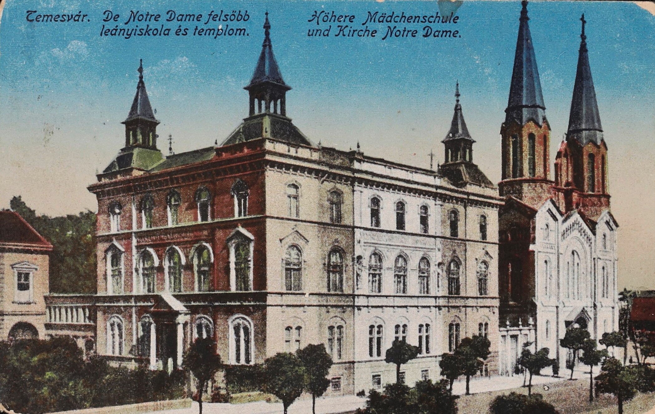 Das Bild ist eine alte Postkarte von Temeswar und zeigt die Höhere Mädchenschule