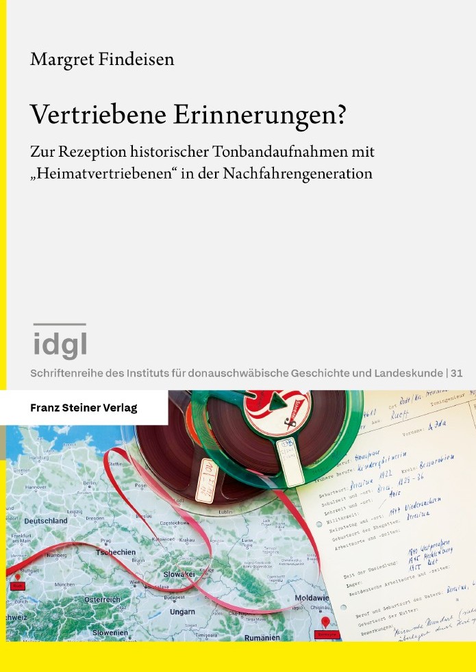 Cover des Bandes: Titelangaben sowie eine Tonbandspule mit abgewickeltem Tonband und einem Schriftstück auf einer Europakarte
